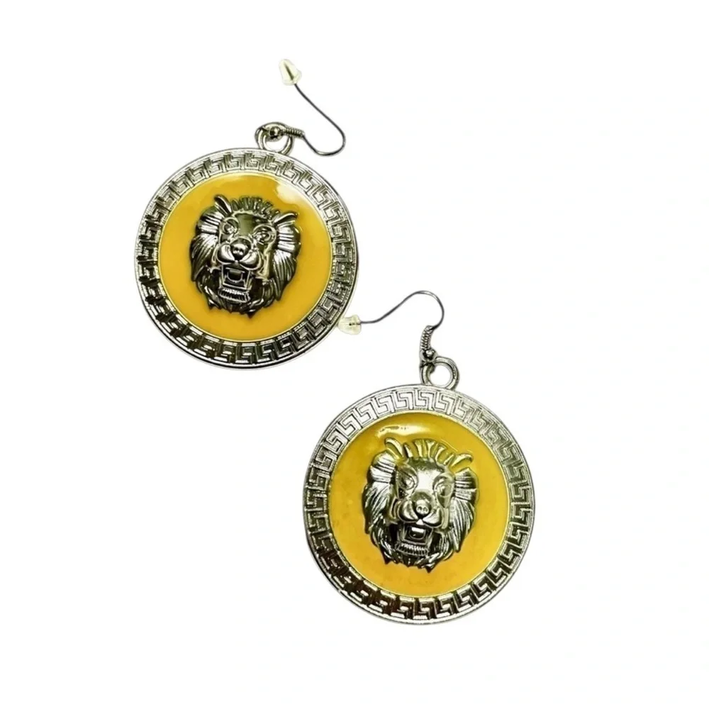 Lion Head Medallion Dangle Earrings | Yellow Enamel Statement Earrings